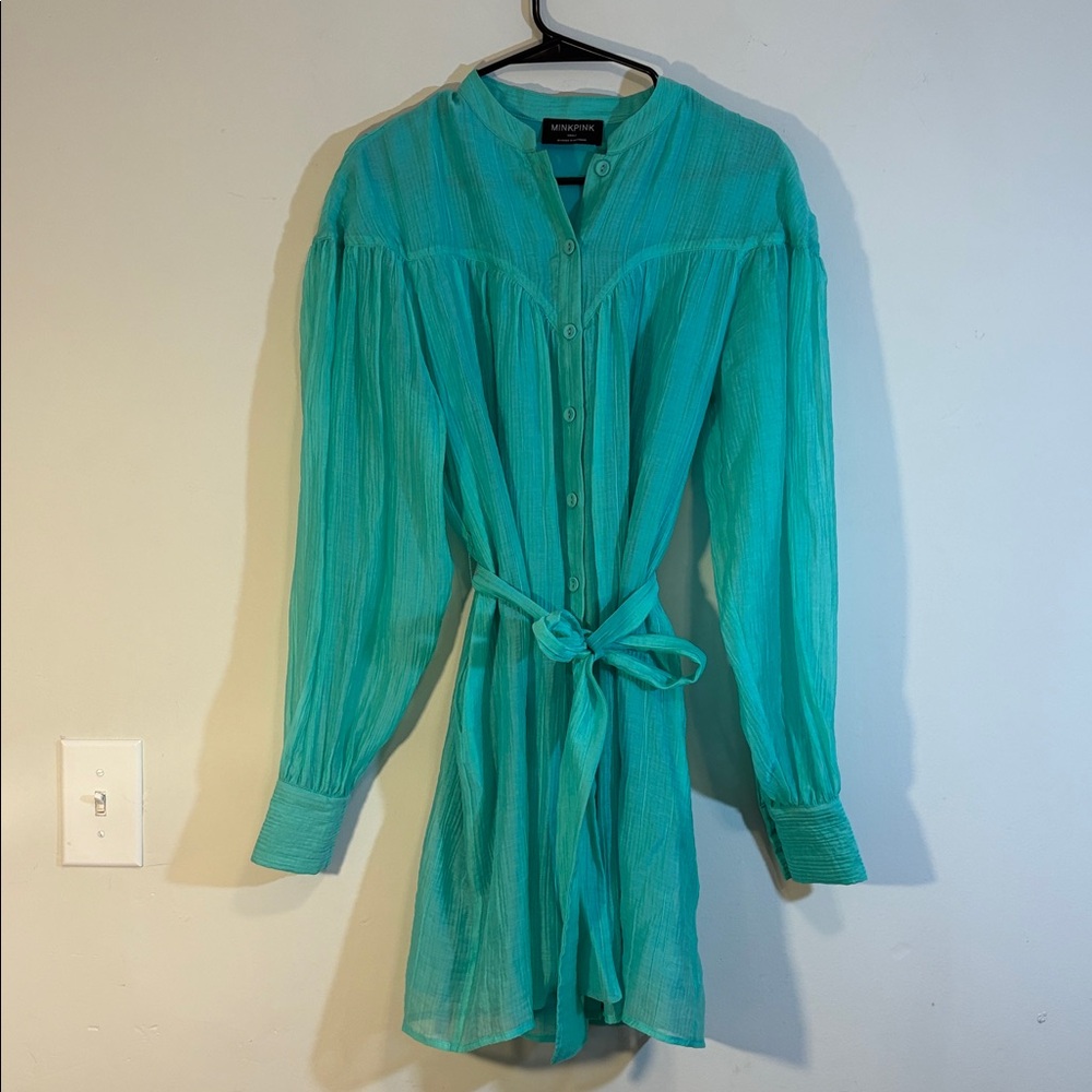 Minty Blue Green Chiffon Long Sleeve Waist Tie MINKPINK Lucie Mini Dress, Small
